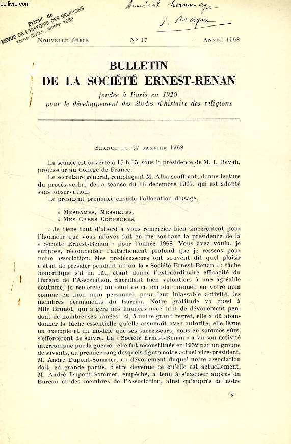 BULLETIN DE LA SOCIETE ERNEST-RENAN, NOUVELLE SERIE, N 17, 1968, EXTRAIT