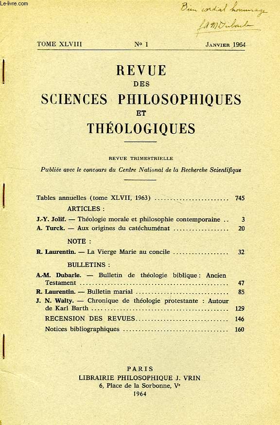 REVUE DES SCIENCES PHILOSOPHIQUES ET THEOLOGIQUES, TOME 48, N 1, JAN. 1964, EXTRAIT, BULLETIN DE THEOLOGIE BIBLIQUE, ANCIEN TESTAMENT