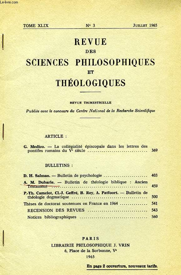 REVUE DES SCIENCES PHILOSOPHIQUES ET THEOLOGIQUES, TOME 49, N 3, JUILLET 1965, EXTRAIT, BULLETIN DE THEOLOGIE BIBLIQUE, ANCIEN TESTAMENT