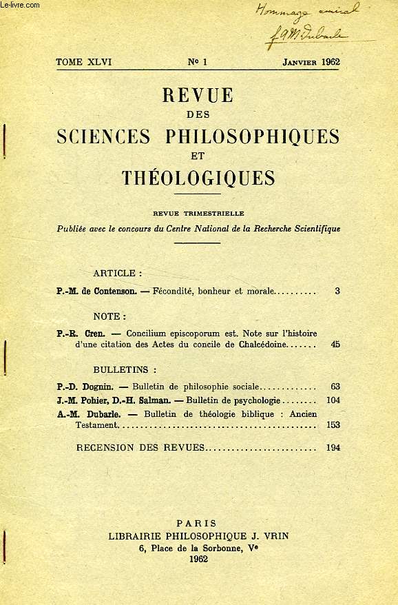 REVUE DES SCIENCES PHILOSOPHIQUES ET THEOLOGIQUES, TOME 46, N 1, JAN. 1962, EXTRAIT, BULLETIN DE THEOLOGIE BIBLIQUE, ANCIEN TESTAMENT