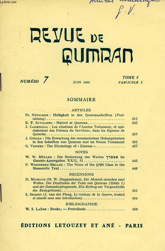 REVUE DE QUMRAN, TOME 2, FASC. 3, N 7, JUIN 1960, EXTRAIT, THE ETYMOLOGY OF 'ESSENES'