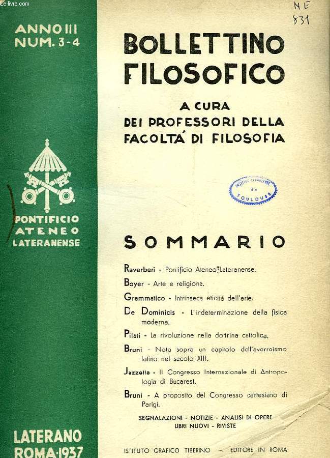 BOLLETTINO FILOSOFICO, A CURA DEI PROFESSORI DELLA FACOLTA' DI FILOSOFIA, ANNO III, NUM. 3-4