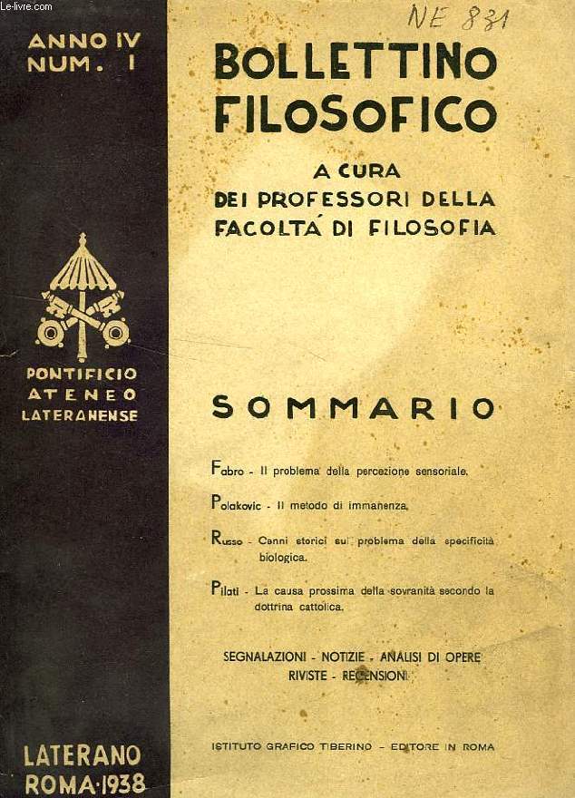 BOLLETTINO FILOSOFICO, A CURA DEI PROFESSORI DELLA FACOLTA' DI FILOSOFIA, ANNO IV, NUM. 1
