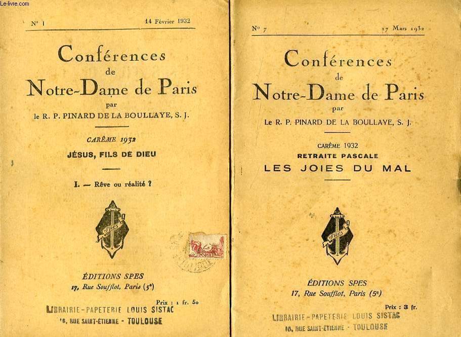 CONFERENCES DE NOTRE-DAME DE PARIS, CAREME 1932, JESUS, FILS DE DIEU, 7 FASCICULES