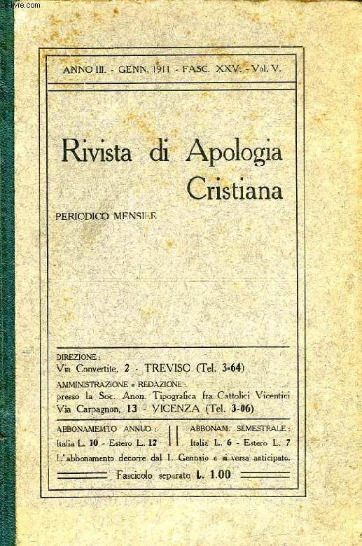 RIVISTA DI APOLOGIA CRISTIANA, ANNO III, FASC. XXV, Vol. V, GENN. 1911