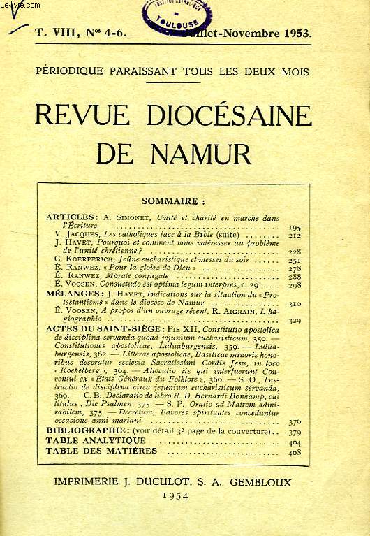 REVUE DIOCESAINE DE NAMUR, T. VIII, N 4-6, JUILLET-NOV. 1953