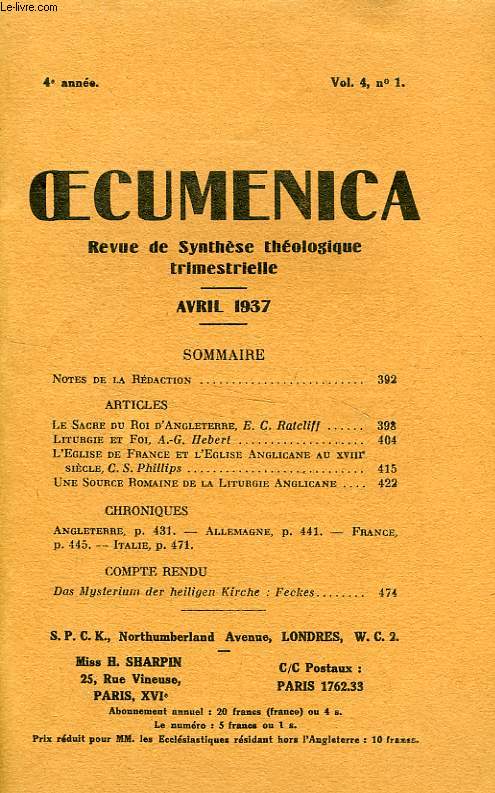 OECUMENICA, 4e ANNEE, N 1, AVRIL 1937, REVUE DE SYNTHESE THEOLOGIQUE TRIMESTRIELLE