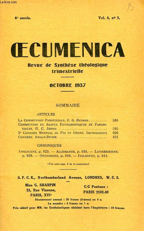 OECUMENICA, 4e ANNEE, N 3, OCT. 1937, REVUE DE SYNTHESE THEOLOGIQUE TRIMESTRIELLE