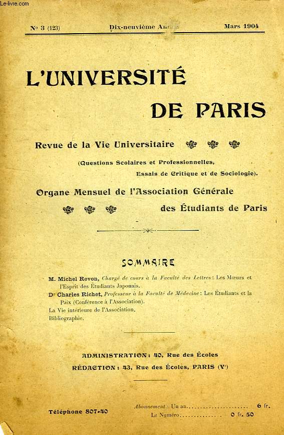 L'UNIVERSITE DE PARIS, 19e ANNEE, N 123, MARS 1904
