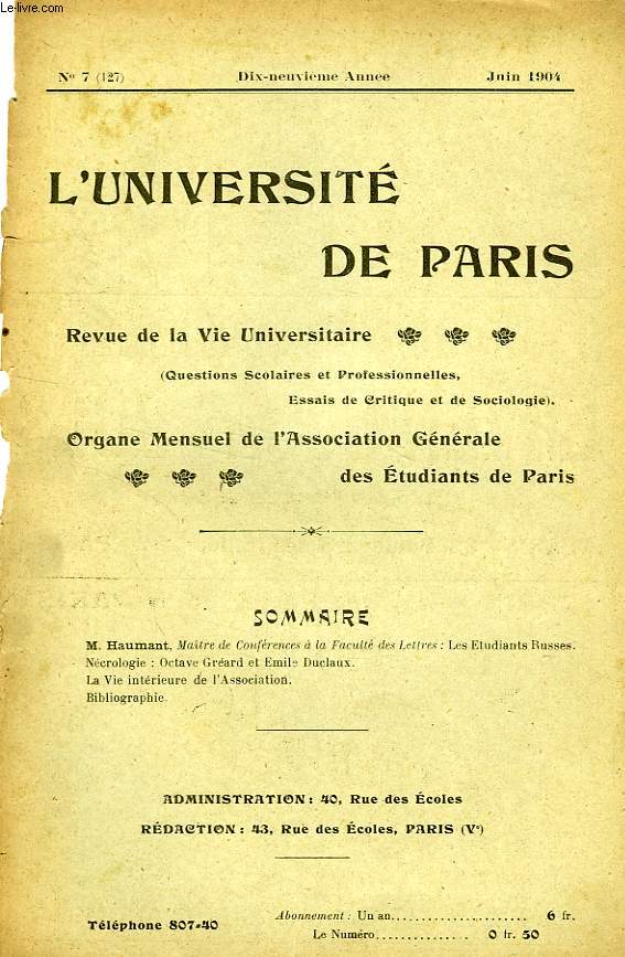 L'UNIVERSITE DE PARIS, 19e ANNEE, N 127, JUIN 1904