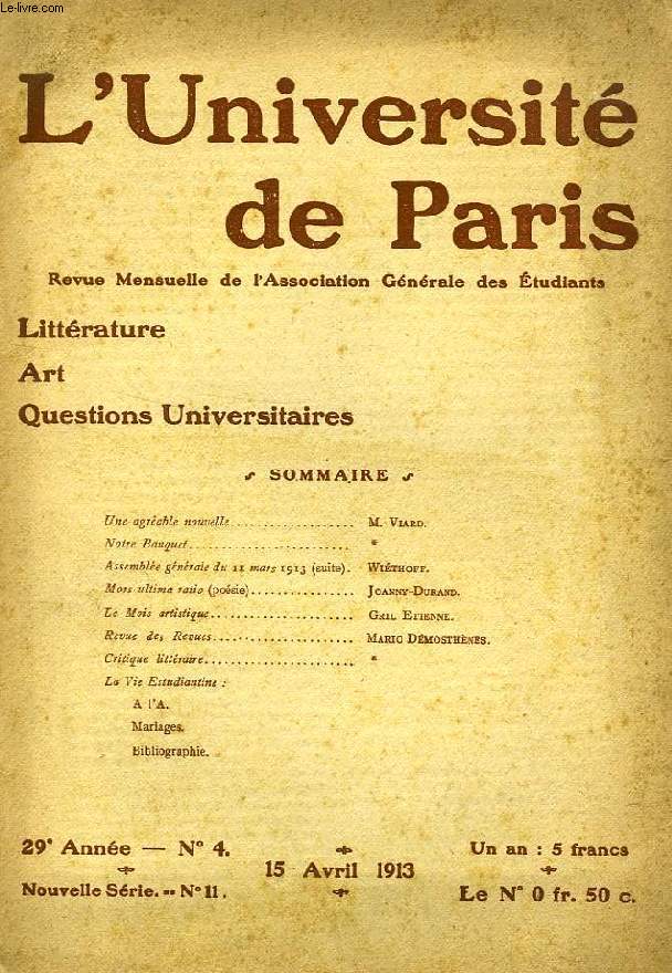 L'UNIVERSITE DE PARIS, 29e ANNEE, N 4, AVRIL 1913