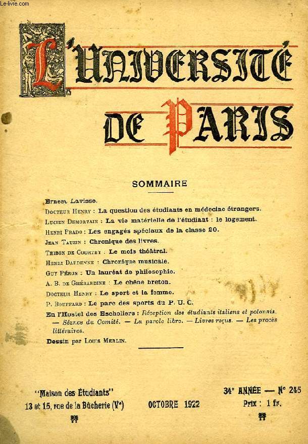 L'UNIVERSITE DE PARIS, 34e ANNEE, N 245, OCT. 1922