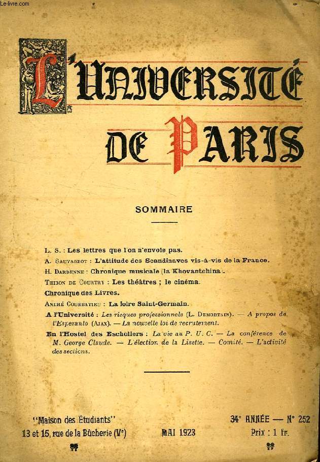L'UNIVERSITE DE PARIS, 34e ANNEE, N 252, MAI 1923