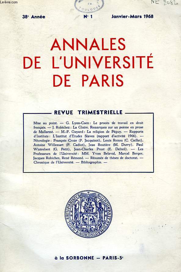 ANNALES DE L'UNIVERSITE DE PARIS, 38e ANNEE, N 1, JAN.-MARS 1968