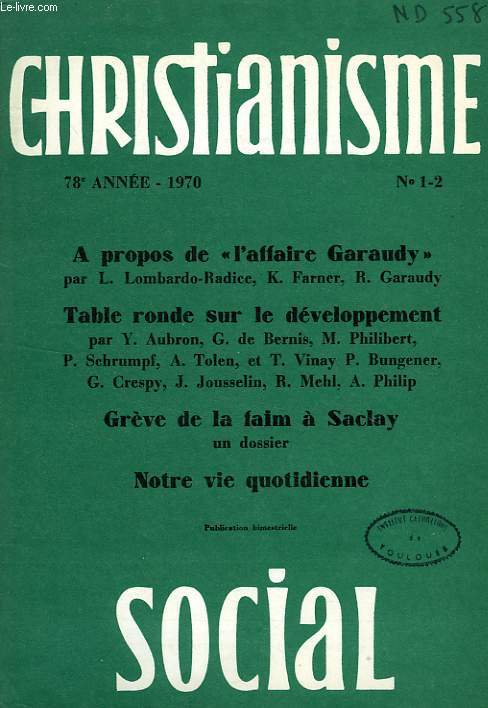 CHRISTIANISME SOCIAL, 78e ANNEE, 1970, N 1-2