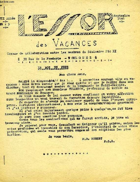 L'ESSOR, XVIIe ANNEE, N 5, SEPT. 1949, ORGANE DE COLLABORATION DU SEMINAIRE PIE XI
