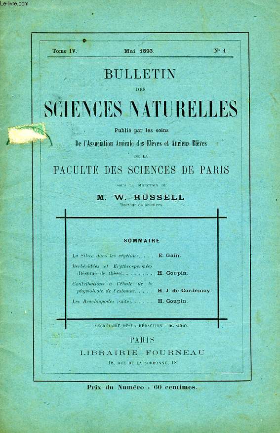 BULLETIN DES SCIENCES NATURELLES DE LA FACULTE DES SCIENCES DE PARIS, TOME IV, N 1, MAI 1893
