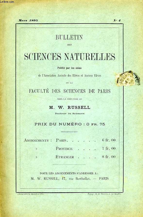 BULLETIN DES SCIENCES NATURELLES DE LA FACULTE DES SCIENCES DE PARIS, N 4, MARS 1895