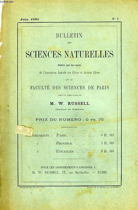 BULLETIN DES SCIENCES NATURELLES DE LA FACULTE DES SCIENCES DE PARIS, N 7, JUIN 1895