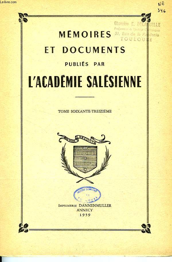 MEMOIRES ET DOCUMENTS PUBLIES PAR L'ACADEMIE SALESIENNE, TOME 73, 1959