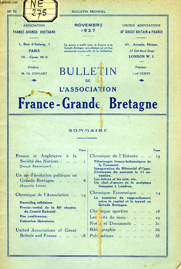 BULLETIN DE L'ASSOCIATION FRANCE-GRANDE BRETAGNE, N 70, NOV. 1927