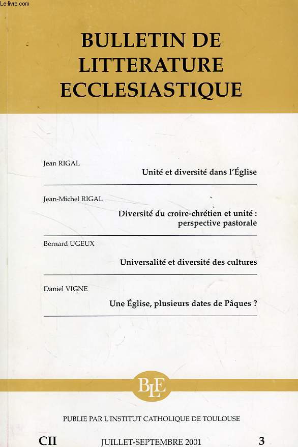 BULLETIN DE LITTERATURE ECCLESIASTIQUE, CII, N 3, JUILLET-SEPT. 2001