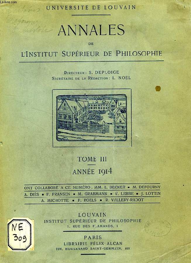 ANNALES DE L'INSTITUT SUPERIEUR DE PHILOSOPHIE, TOME III, 1914