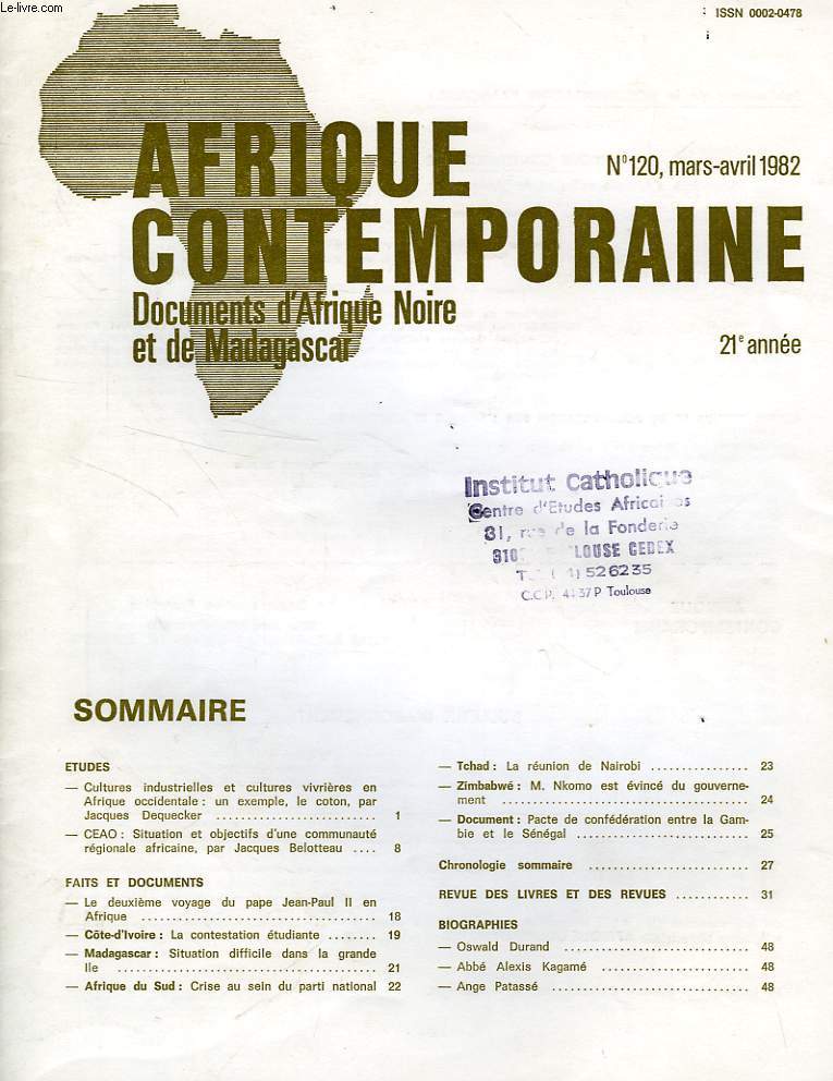 AFRIQUE CONTEMPORAINE, N 120, MARS-AVRIL 1982, DOCUMENTS D'AFRIQUE NOIRE ET DE MADAGASCAR