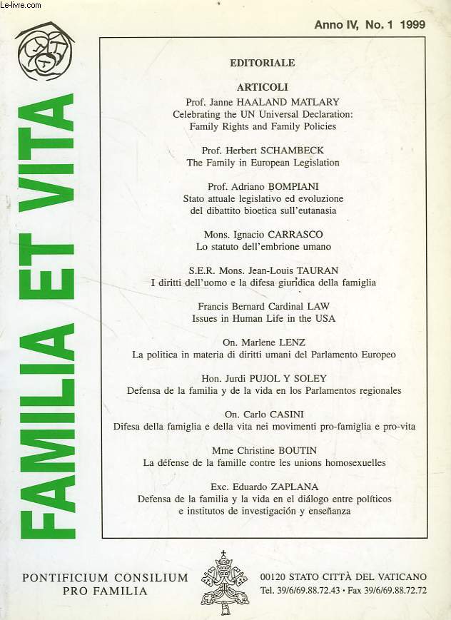FAMILIA ET VITA, ANNO IV, N 1, 1999