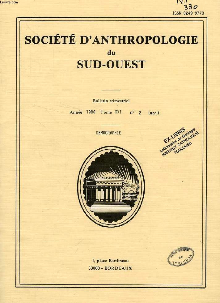SOCIETE D'ANTHROPOLOGIE DU SUD-OUEST, TOME XXI, N 2, 1986
