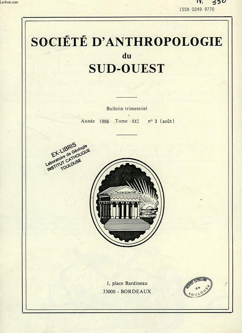 SOCIETE D'ANTHROPOLOGIE DU SUD-OUEST, TOME XXI, N 3, 1986