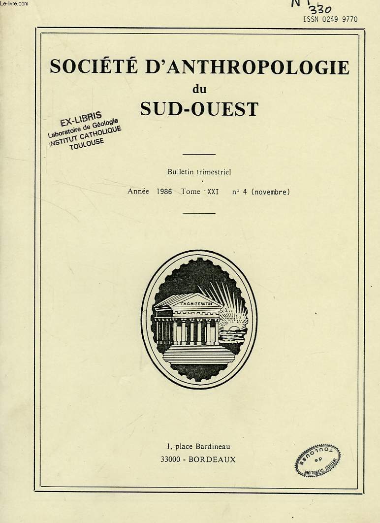 SOCIETE D'ANTHROPOLOGIE DU SUD-OUEST, TOME XXI, N 4, 1986