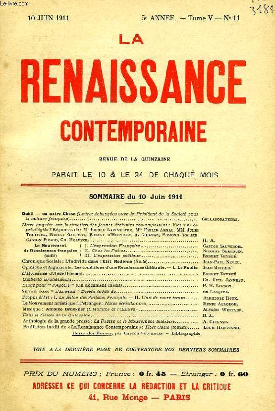 LA RENAISSANCE CONTEMPORAINE, 5e ANNEE, N 11, JUIN 1911