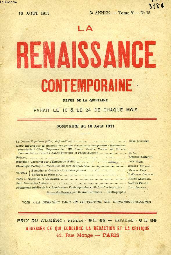 LA RENAISSANCE CONTEMPORAINE, 5e ANNEE, N 15, AOUT 1911