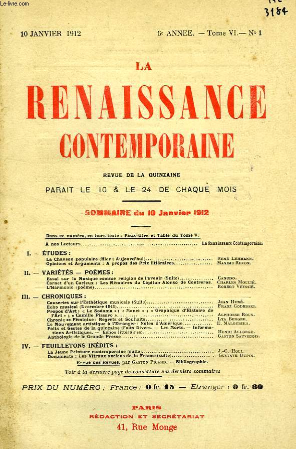 LA RENAISSANCE CONTEMPORAINE, 6e ANNEE, N 1, JAN. 1912