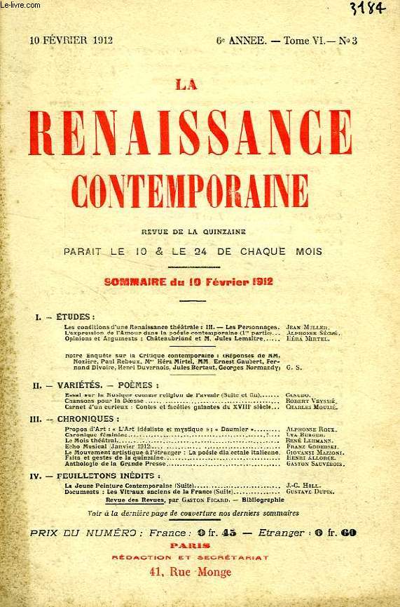LA RENAISSANCE CONTEMPORAINE, 6e ANNEE, N 3, FEV. 1912