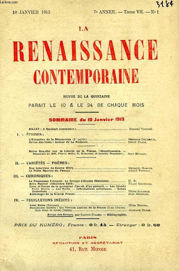 LA RENAISSANCE CONTEMPORAINE, 7e ANNEE, N 1, JAN. 1913