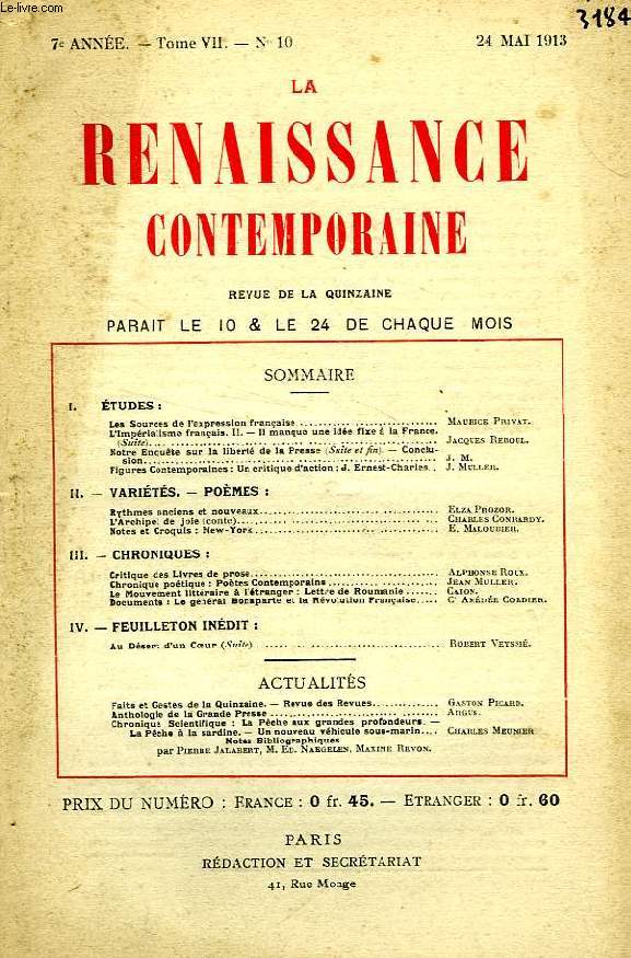 LA RENAISSANCE CONTEMPORAINE, 7e ANNEE, N 10, MAI 1913