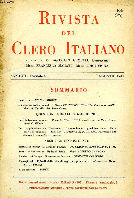 RIVISTA DEL CLERO ITALIANO, ANNO XII, FASC. 8, AGOSTO 1931