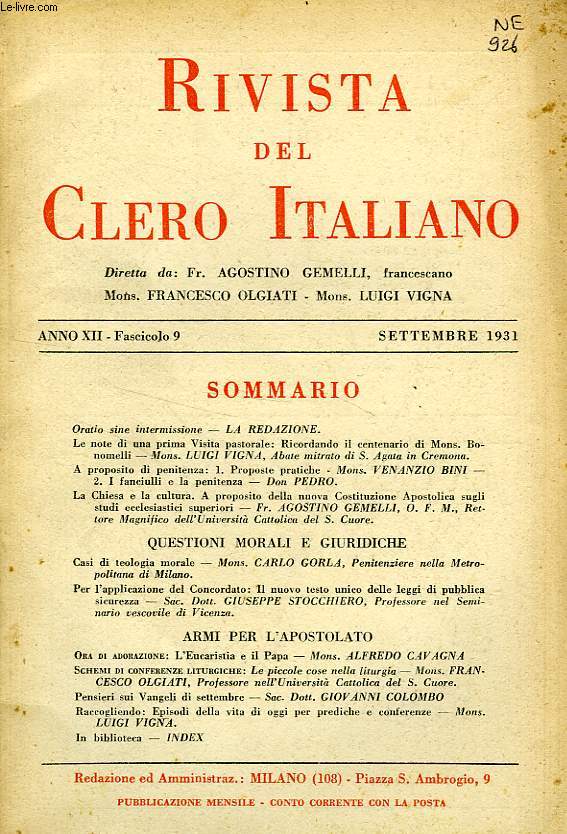 RIVISTA DEL CLERO ITALIANO, ANNO XII, FASC. 9, SETT. 1931
