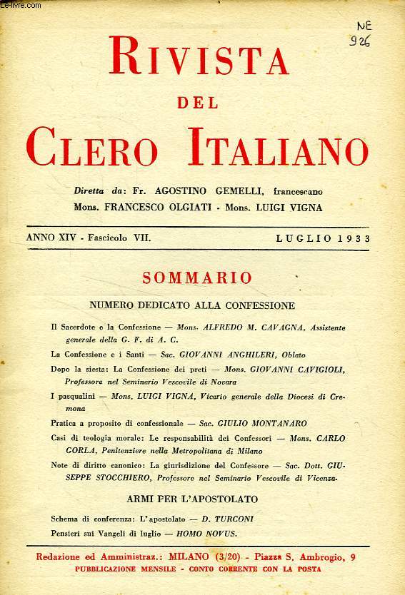 RIVISTA DEL CLERO ITALIANO, ANNO XIV, FASC. 7, LUGLIO 1933