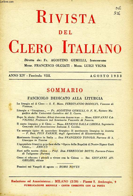 RIVISTA DEL CLERO ITALIANO, ANNO XIV, FASC. 8, AGOSTO 1933