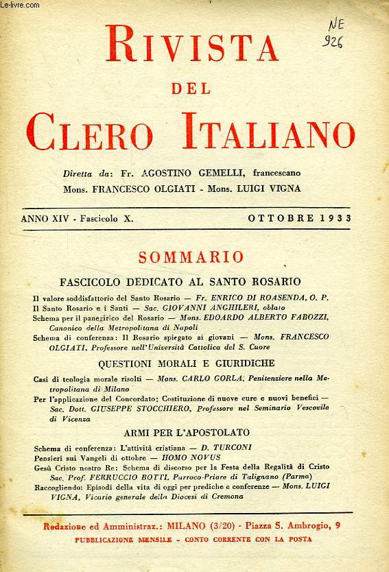 RIVISTA DEL CLERO ITALIANO, ANNO XIV, FASC. 10, OTT. 1933