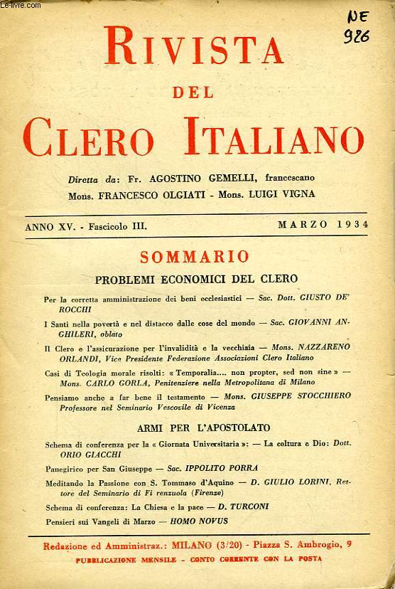 RIVISTA DEL CLERO ITALIANO, ANNO XV, FASC. 3, MARZO 1934