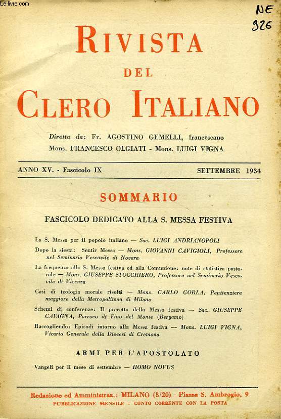 RIVISTA DEL CLERO ITALIANO, ANNO XV, FASC. 9, SETT. 1934