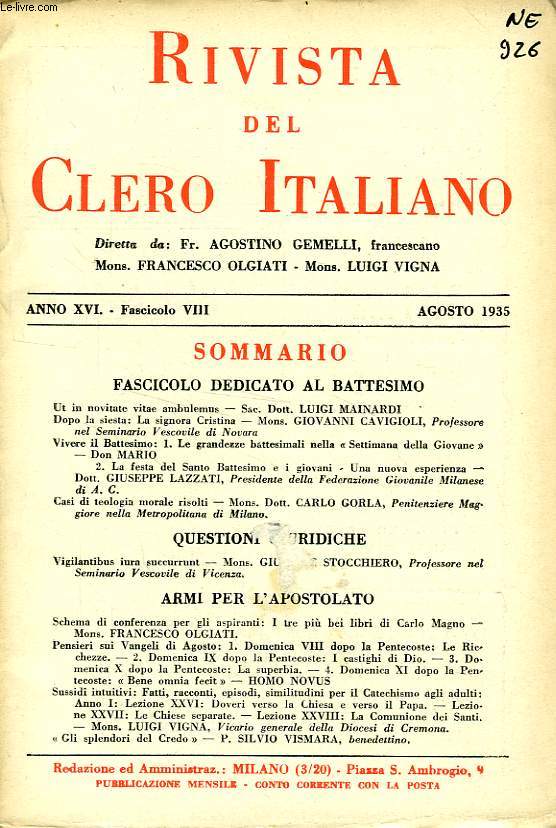 RIVISTA DEL CLERO ITALIANO, ANNO XVI, FASC. 8, AGOSTO 1935