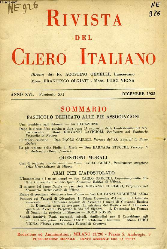 RIVISTA DEL CLERO ITALIANO, ANNO XVI, FASC. 12, DIC. 1935