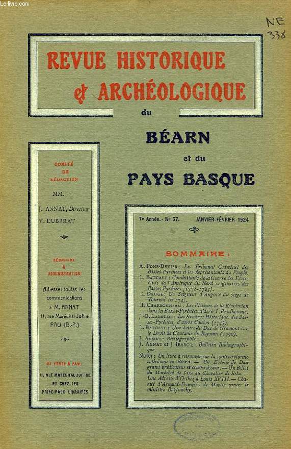 REVUE HISTORIQUE ET ARCHEOLOGIQUE DU BEARN ET DU PAYS BASQUE, 7e ANNEE, N 67, JAN.-FEV. 1924