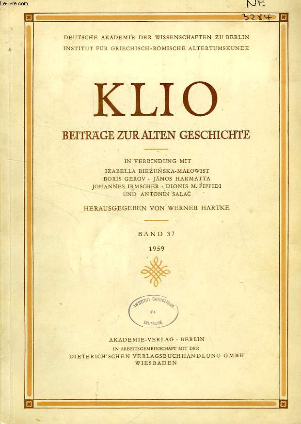 KLIO, BEITRGE ZUR ALTEN GESCHICHTE, BAND 37, 1959