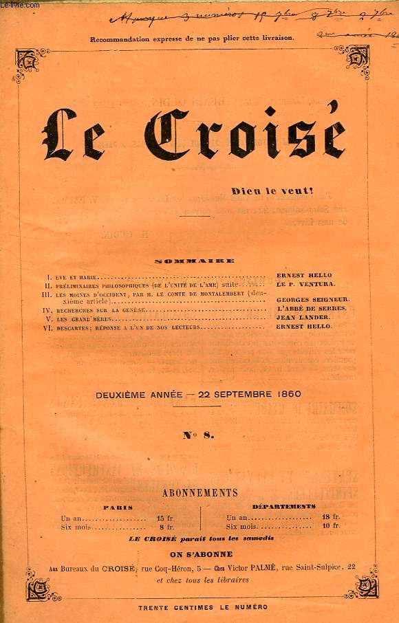 LE CROIS, DIEU LE VEUT !, 2e ANNEE, N 8, SEPT. 1860